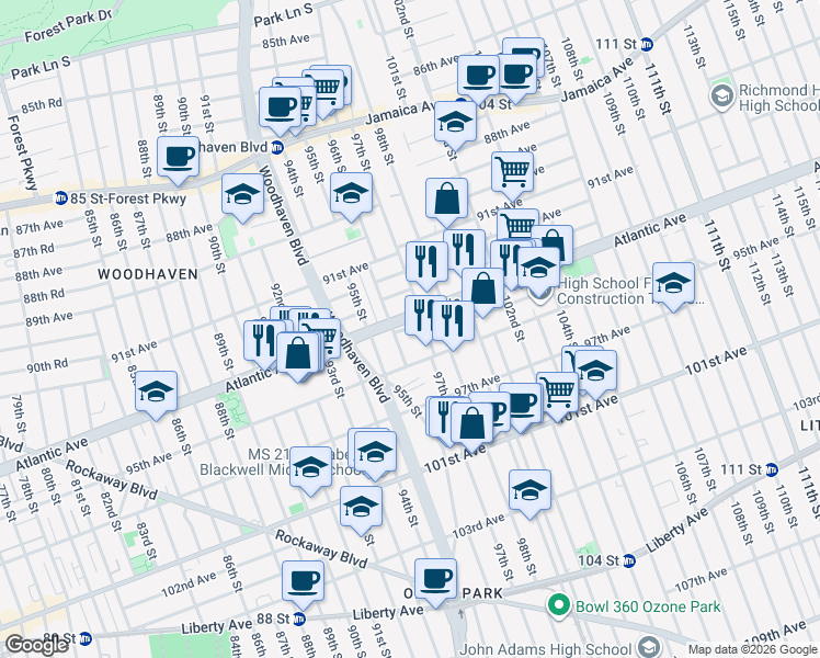 map of restaurants, bars, coffee shops, grocery stores, and more near in Queens