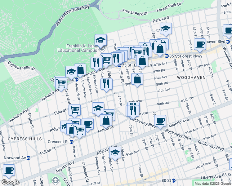 map of restaurants, bars, coffee shops, grocery stores, and more near 8801 Eldert Lane in Queens
