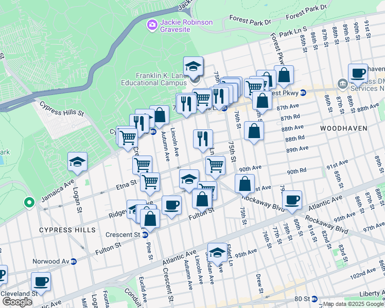 map of restaurants, bars, coffee shops, grocery stores, and more near 82 Grant Avenue in Brooklyn