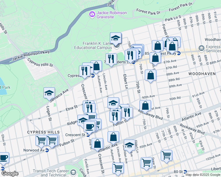 map of restaurants, bars, coffee shops, grocery stores, and more near 59 Lincoln Avenue in Brooklyn