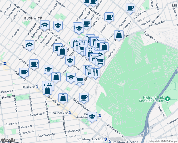 map of restaurants, bars, coffee shops, grocery stores, and more near 183 Cooper Street in Brooklyn
