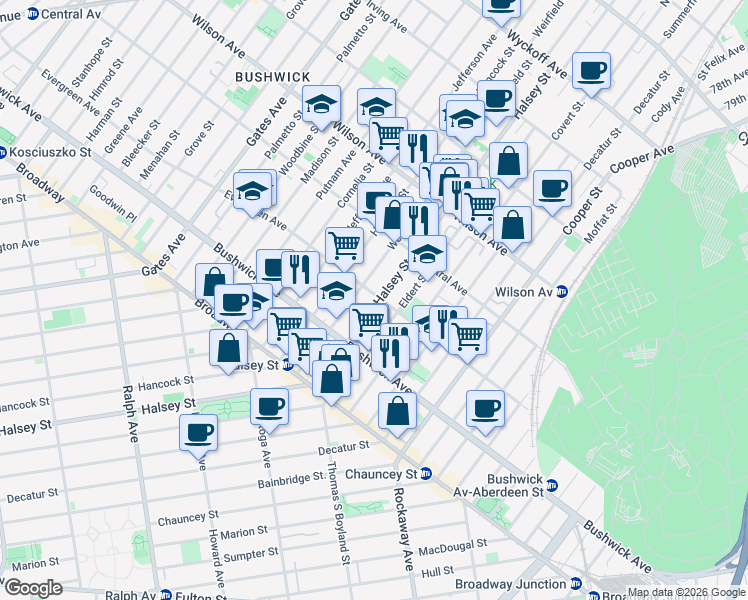 map of restaurants, bars, coffee shops, grocery stores, and more near 1095 Halsey Street in Brooklyn
