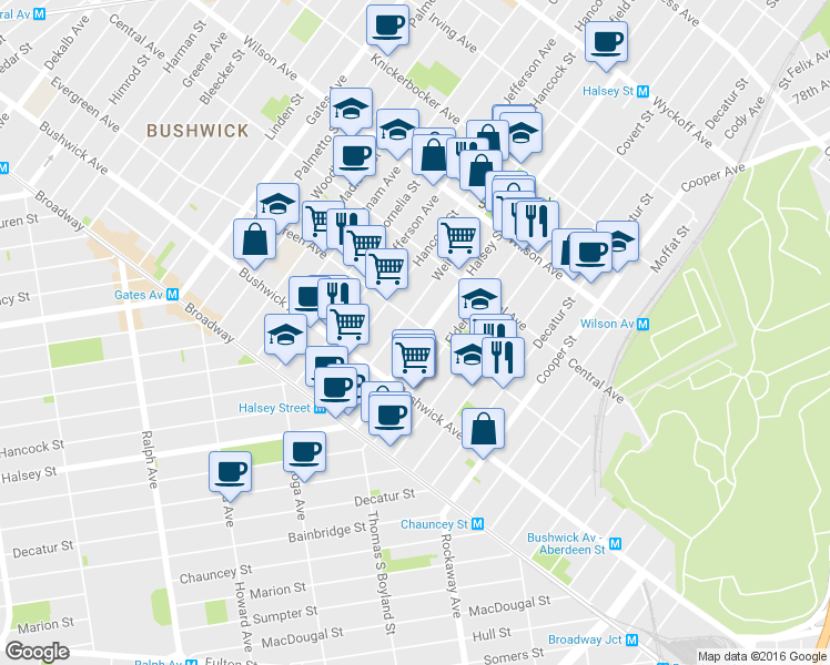 map of restaurants, bars, coffee shops, grocery stores, and more near 1095 Halsey Street in Brooklyn