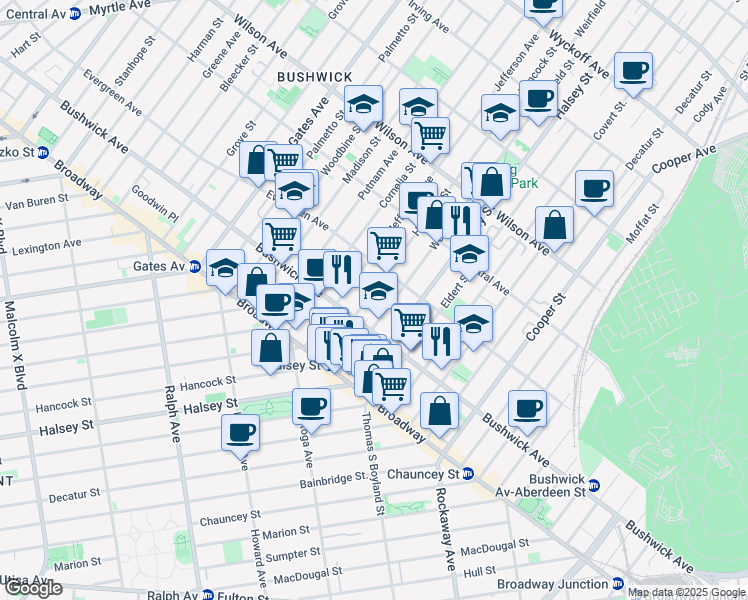 map of restaurants, bars, coffee shops, grocery stores, and more near 1088 Hancock Street in Brooklyn