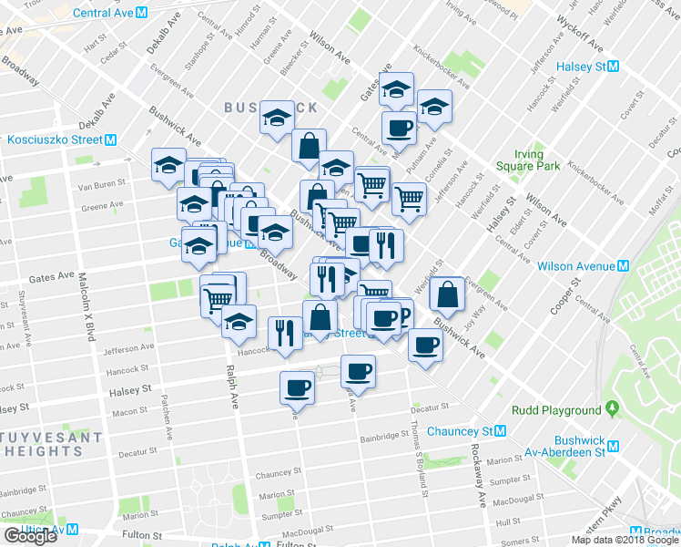 map of restaurants, bars, coffee shops, grocery stores, and more near 984 Madison Street in Brooklyn