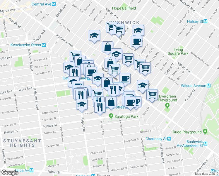 map of restaurants, bars, coffee shops, grocery stores, and more near 984 Madison Street in Brooklyn