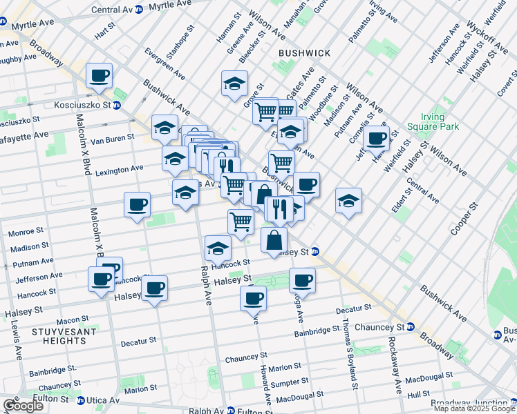 map of restaurants, bars, coffee shops, grocery stores, and more near 16 Woodbine Street in Brooklyn