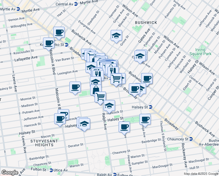 map of restaurants, bars, coffee shops, grocery stores, and more near 1010-1012 Gates Avenue in Brooklyn
