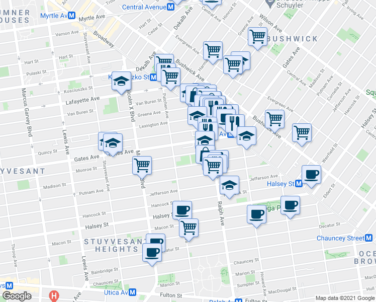 map of restaurants, bars, coffee shops, grocery stores, and more near 950 Gates Avenue in Brooklyn