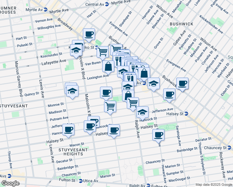 map of restaurants, bars, coffee shops, grocery stores, and more near 950 Gates Avenue in Brooklyn
