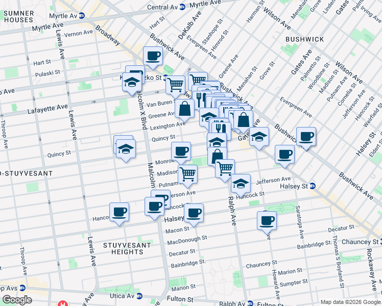 map of restaurants, bars, coffee shops, grocery stores, and more near 950 Gates Avenue in Brooklyn