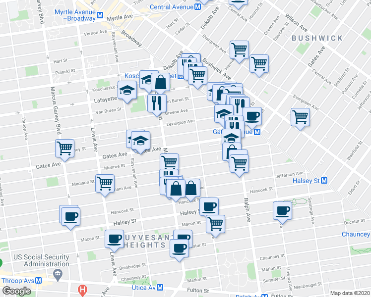 map of restaurants, bars, coffee shops, grocery stores, and more near 921 Gates Avenue in Brooklyn