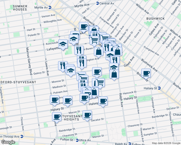 map of restaurants, bars, coffee shops, grocery stores, and more near 921 Gates Avenue in Brooklyn