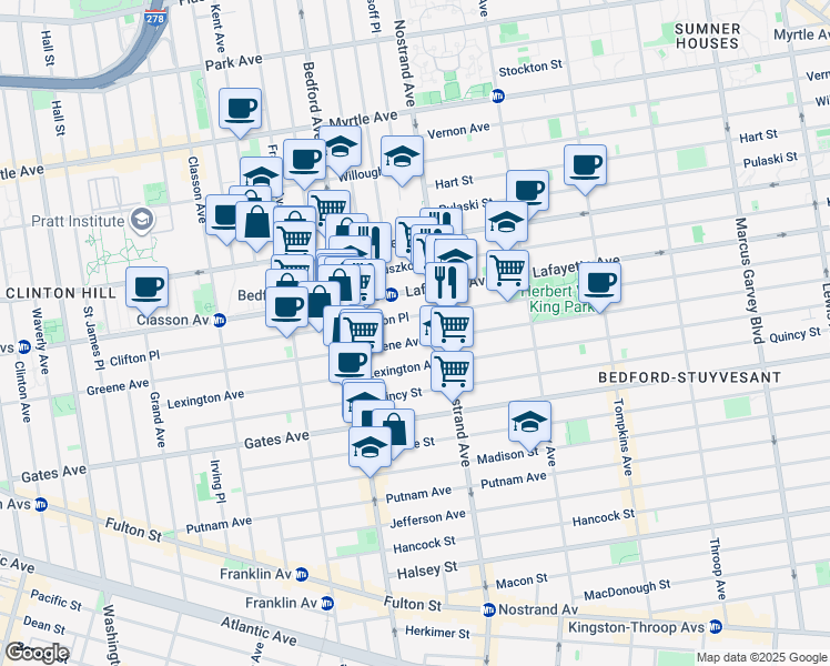 map of restaurants, bars, coffee shops, grocery stores, and more near 265 Clifton Place in Brooklyn