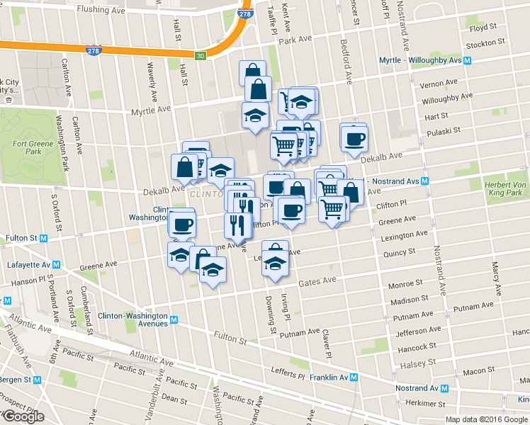 map of restaurants, bars, coffee shops, grocery stores, and more near 333 Lafayette Avenue in Brooklyn