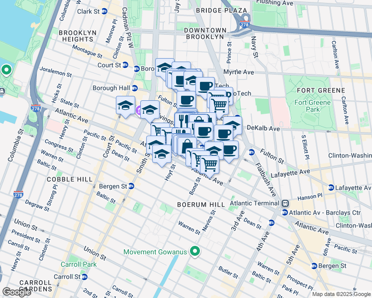 map of restaurants, bars, coffee shops, grocery stores, and more near 210 Livingston Street in Brooklyn