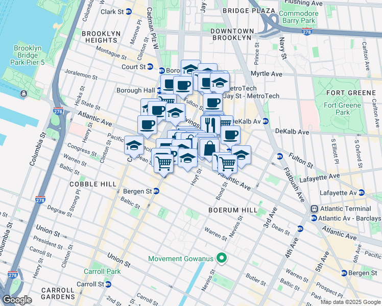 map of restaurants, bars, coffee shops, grocery stores, and more near 285 State Street in Brooklyn