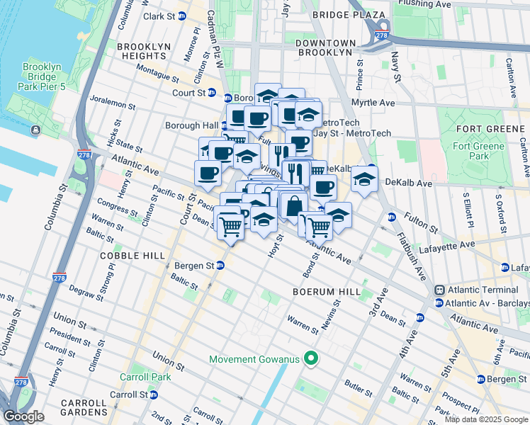 map of restaurants, bars, coffee shops, grocery stores, and more near 285 State Street in Brooklyn