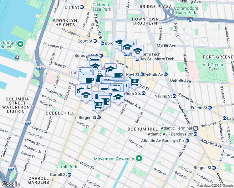map of restaurants, bars, coffee shops, grocery stores, and more near 307 Atlantic Avenue in Brooklyn