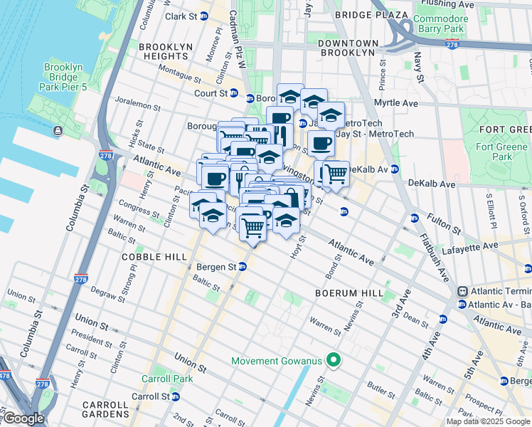 map of restaurants, bars, coffee shops, grocery stores, and more near 307 Atlantic Avenue in Brooklyn