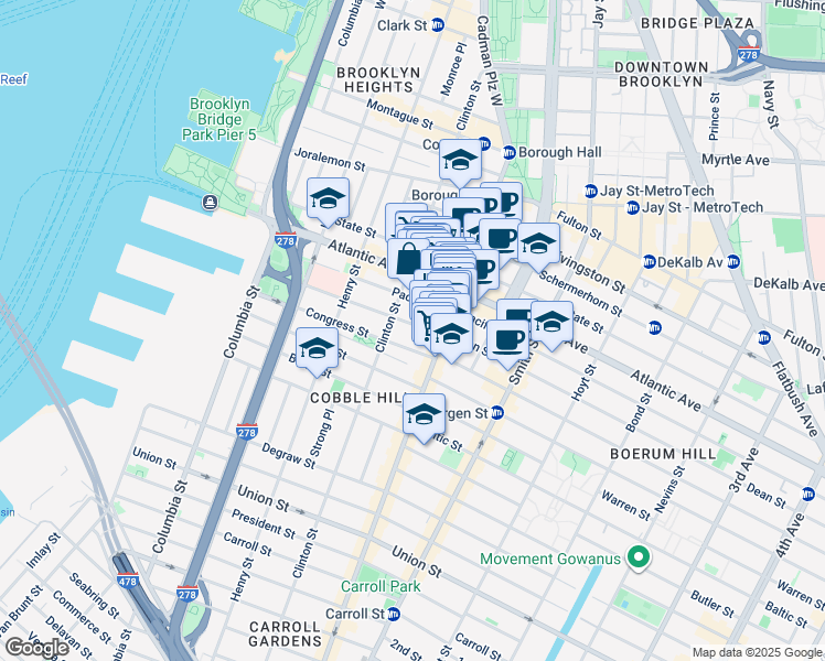 map of restaurants, bars, coffee shops, grocery stores, and more near 174 Pacific Street in Brooklyn