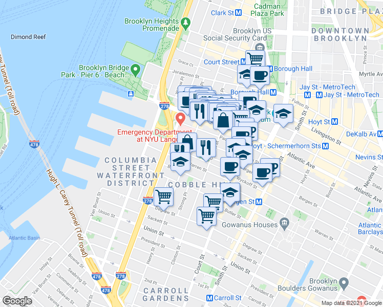 map of restaurants, bars, coffee shops, grocery stores, and more near 122 Amity Street in Brooklyn