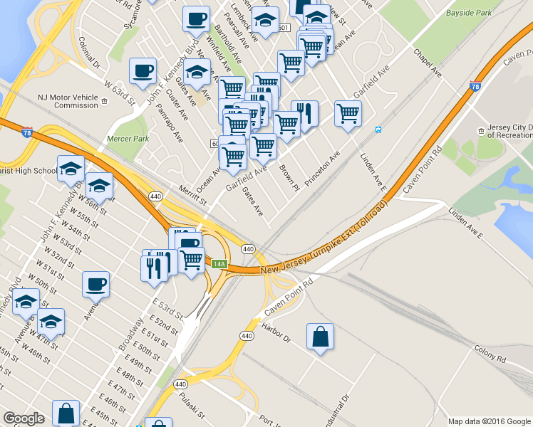 map of restaurants, bars, coffee shops, grocery stores, and more near 27 Seaview Avenue in Jersey City