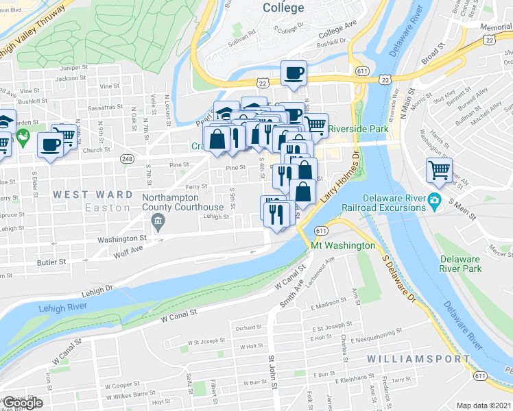 map of restaurants, bars, coffee shops, grocery stores, and more near 127 South 4th Street in Easton