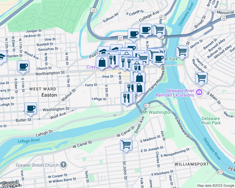 map of restaurants, bars, coffee shops, grocery stores, and more near 147 South 4th Street in Easton