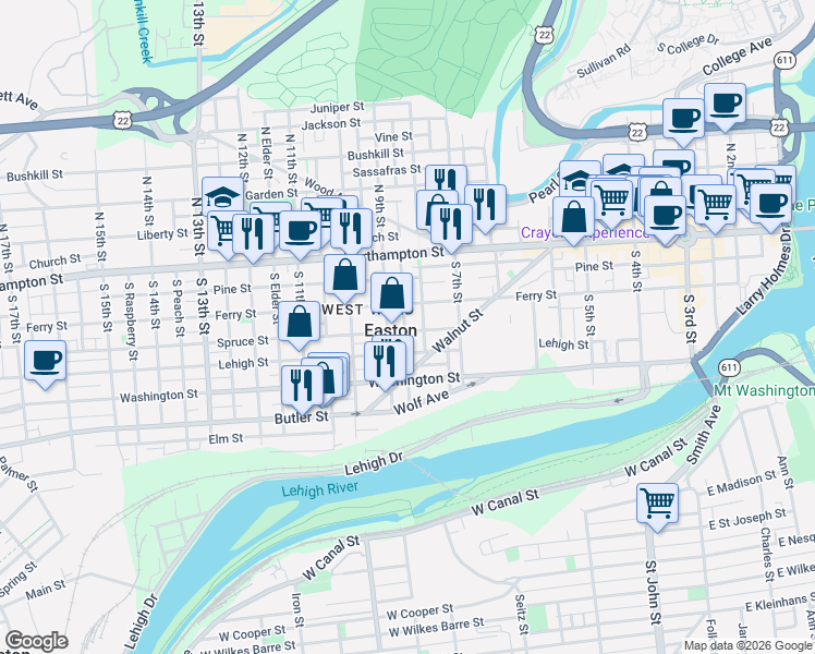 map of restaurants, bars, coffee shops, grocery stores, and more near in Easton