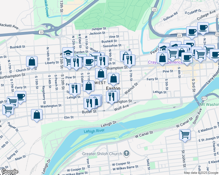 map of restaurants, bars, coffee shops, grocery stores, and more near in Easton