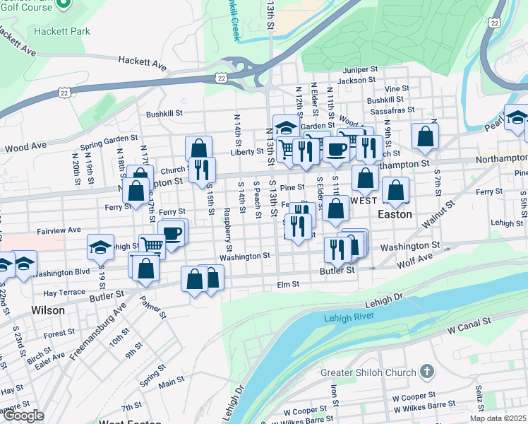 map of restaurants, bars, coffee shops, grocery stores, and more near 1251 Ferry Street in Easton