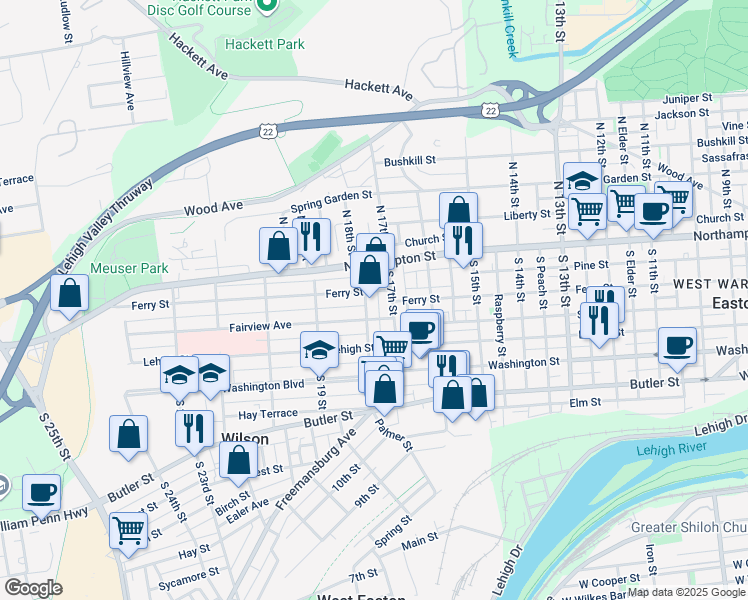 map of restaurants, bars, coffee shops, grocery stores, and more near 1805 Ferry Street in Easton