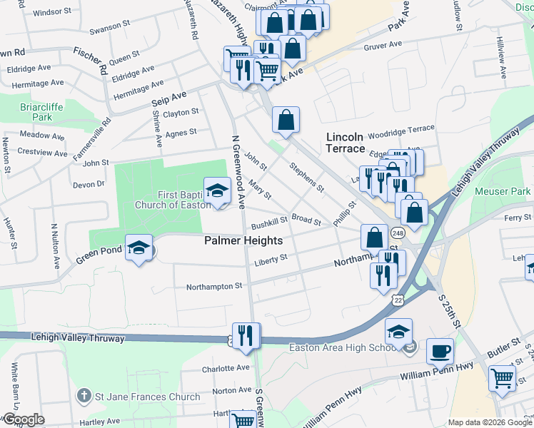 map of restaurants, bars, coffee shops, grocery stores, and more near 2707 Broad Street in Easton