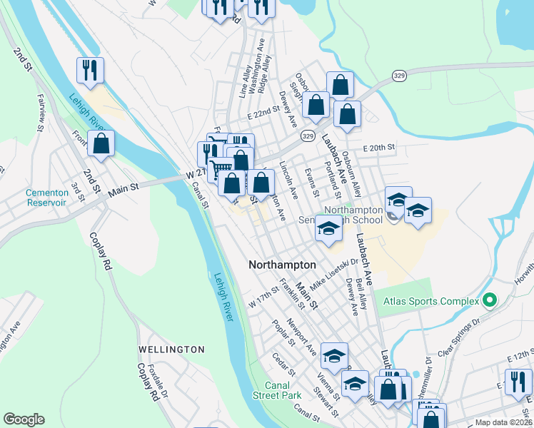 map of restaurants, bars, coffee shops, grocery stores, and more near 18 East 19th Street in Northampton