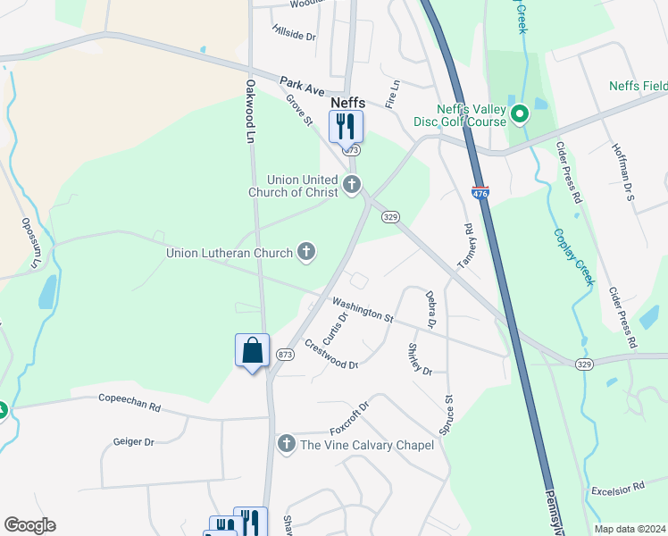 map of restaurants, bars, coffee shops, grocery stores, and more near 5545 Pennsylvania 873 in Schnecksville