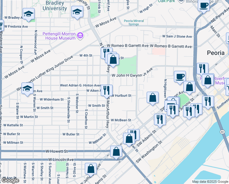 map of restaurants, bars, coffee shops, grocery stores, and more near 100 South McReynolds Court in Peoria