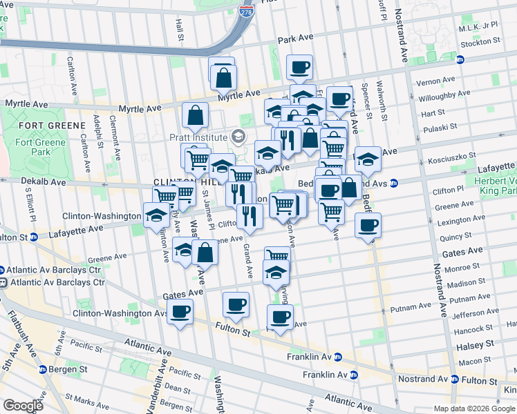map of restaurants, bars, coffee shops, grocery stores, and more near 342 Lafayette Avenue in Brooklyn