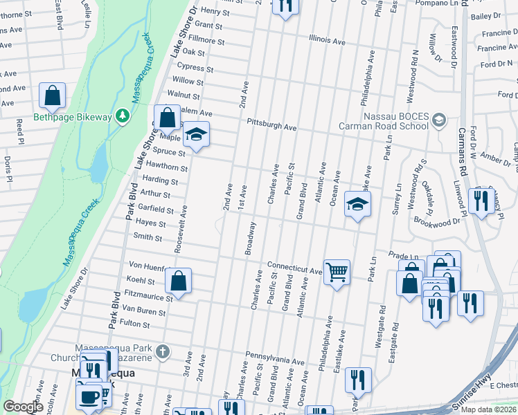 map of restaurants, bars, coffee shops, grocery stores, and more near 216 Broadway in Massapequa Park