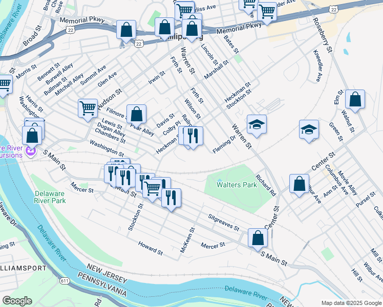 map of restaurants, bars, coffee shops, grocery stores, and more near 224 Stockton Street in Phillipsburg