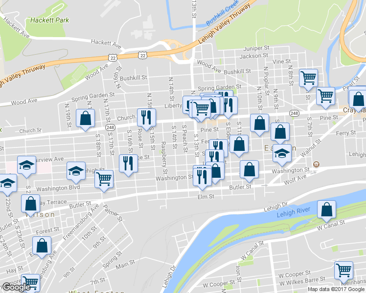 map of restaurants, bars, coffee shops, grocery stores, and more near 1340 Ferry Street in Easton