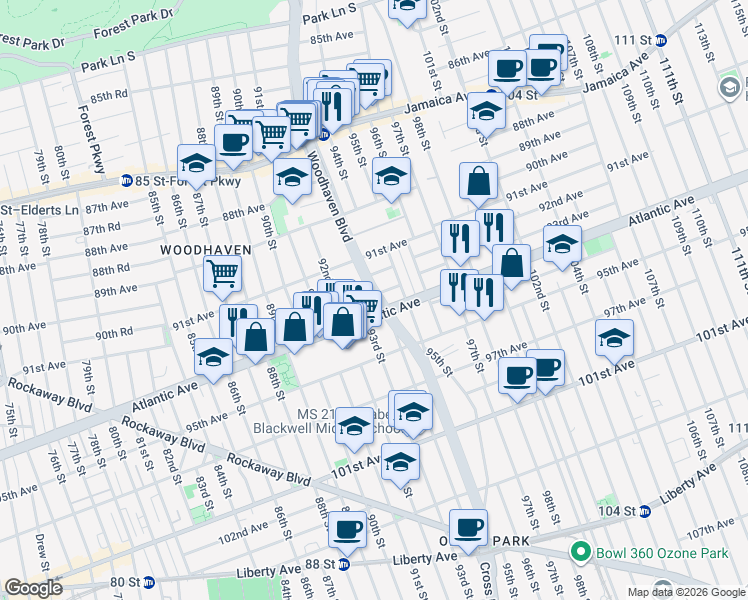 map of restaurants, bars, coffee shops, grocery stores, and more near 9206 Woodhaven Boulevard in Queens