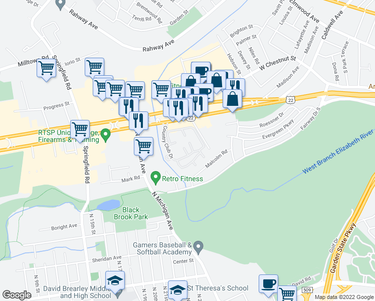 map of restaurants, bars, coffee shops, grocery stores, and more near 703 Pinehurst Court in Union