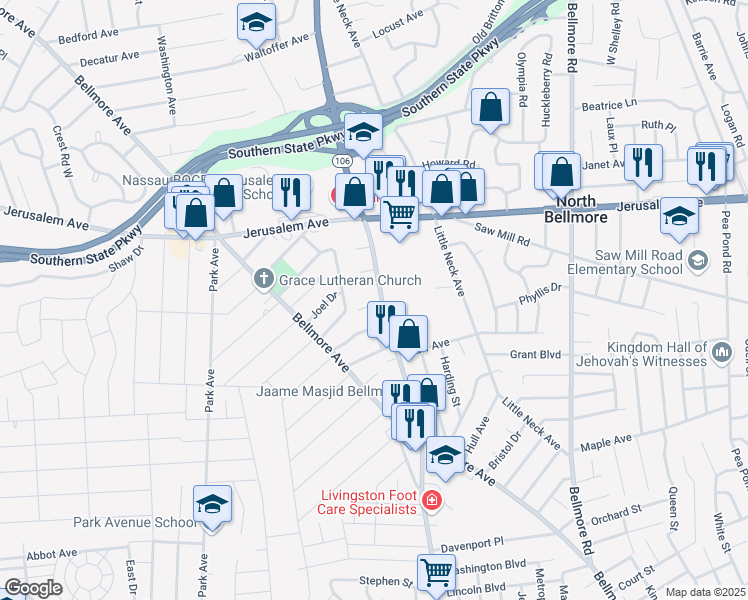 map of restaurants, bars, coffee shops, grocery stores, and more near 1288A Newbridge Road in North Bellmore