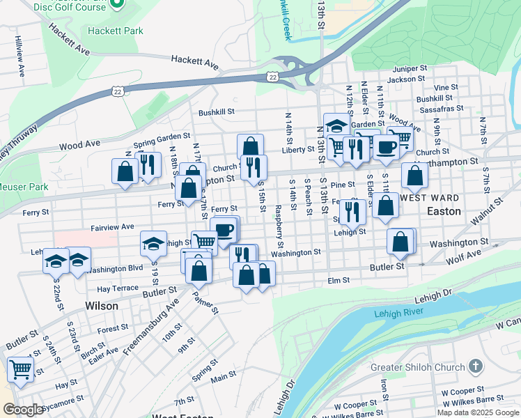 map of restaurants, bars, coffee shops, grocery stores, and more near 1500 Ferry Street in Easton