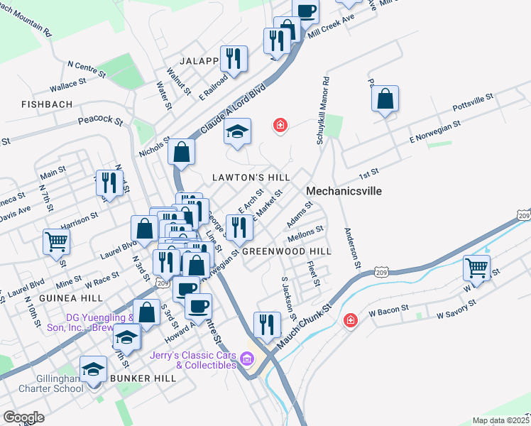 map of restaurants, bars, coffee shops, grocery stores, and more near 519 1/2 East Arch Street in Pottsville