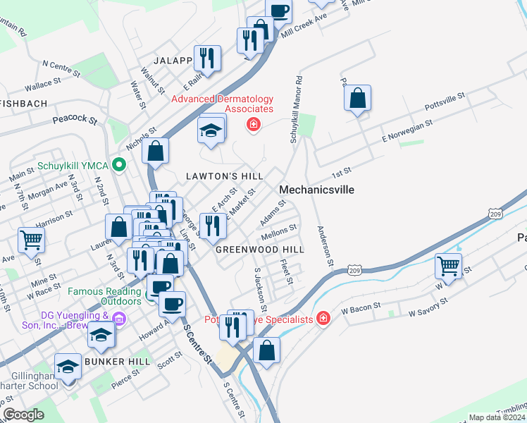 map of restaurants, bars, coffee shops, grocery stores, and more near 543 East Norwegian Street in Pottsville