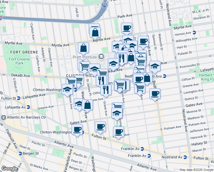 map of restaurants, bars, coffee shops, grocery stores, and more near 331 Lafayette Avenue in Brooklyn