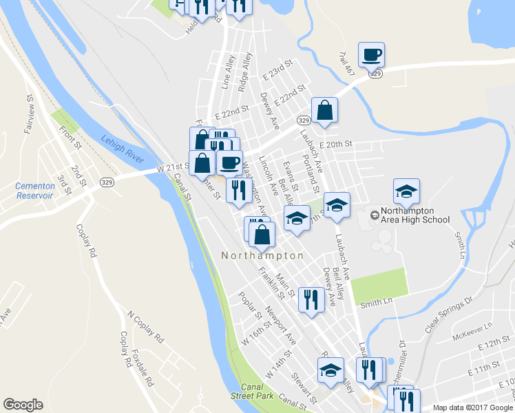 map of restaurants, bars, coffee shops, grocery stores, and more near 1826 Washington Avenue in Northampton