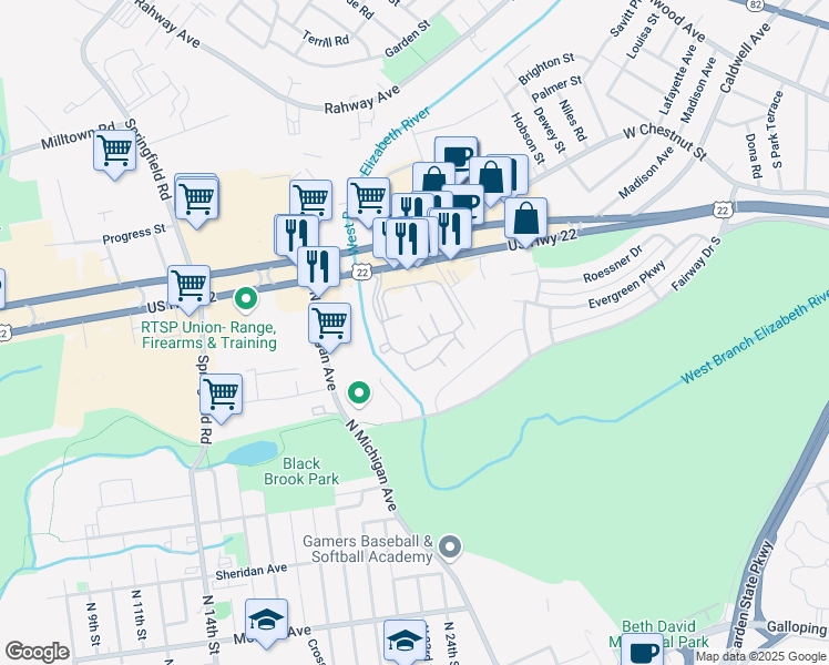 map of restaurants, bars, coffee shops, grocery stores, and more near 111 Country Club Drive in Union